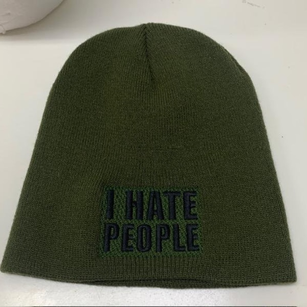 YP Classics - 8 1/2" Beanie - 1500KC, olive color beanie with I Hate people slogan.