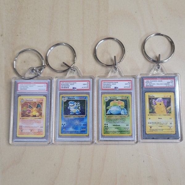 4 peice lot! keychain/keyring | Charizard, Blastoise, Venusaur, Pikachu | miniature graded card psa| keychain (NOT ACTUAL CARD) novelty gift