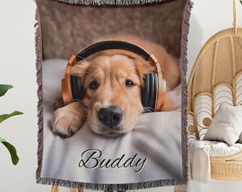 Custom Pet Photo Woven Blanket: Personalized Dog Memorial Gift