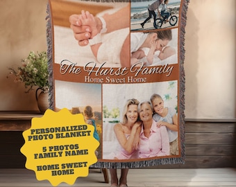 Personalized Family Photo Collage Woven Throw: Custom Cotton Blanket