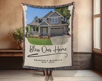 Personalized Home Portrait Blanket: "Bless Our Home" Woven Throw