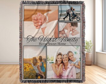 Personalized Family Photo Collage Woven Throw Blanket, Cotton Heirloom Gift