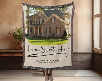 Custom Photo Woven Throw Blanket, Housewarming Gift, Home Sweet Home