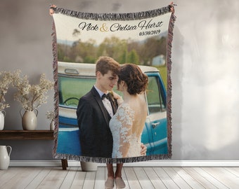 Custom Photo Woven Throw Blanket, Personalized Cotton Anniversary Gift