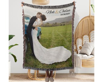 Personalized Photo Woven Blanket, 100% Cotton Throw, Wedding Gift, Made in USA