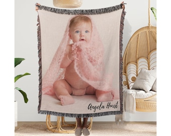 Personalized Baby Photo Blanket: Custom Cotton Woven Name Blanket