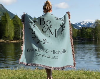 Personalized Woven Cotton Throw Blanket, Custom Wedding Gift