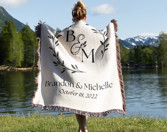 Personalized Woven Cotton Throw Blanket, Monogrammed Wedding Gift