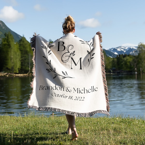 Manta de algodón tejida personalizada, regalo de boda con monograma