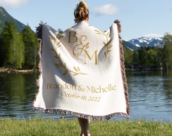 Personalized Woven Cotton Throw Blanket, Custom Wedding Gift