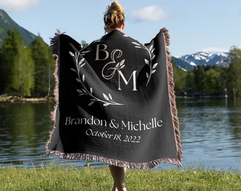 Personalized Woven Cotton Throw Blanket, Wedding Gift, Monogrammed