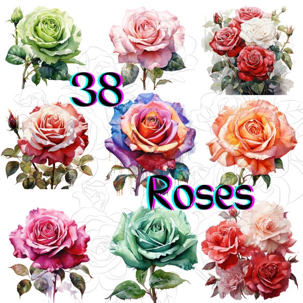 Watercolor ROSES! part1 (of 2) all colors.rainbow, green, double colored!Transparent commercial use, perfect quality,clipart,aquarel,digital