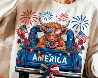4th of July Highland Cow Png, 4th of July Design, Patriotic Highland Cow PNG, Western America Highland Cow T-Shirt Design, Sublimation Files