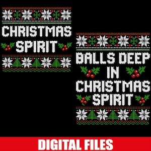 Pode incluir: Dois designs digitais com tema natalino em um fundo preto. Um design diz "CHRISTMAS SPIRIT" com padrões de flocos de neve e árvores. O outro diz "BALLS DEEP IN CHRISTMAS SPIRIT". O banner inferior diz "DIGITAL FILES".