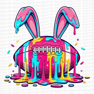 May include: A colorful illustration of a football with bunny ears. The football is pink with white stripes and a white lace design. Pink, blue, and yellow paint drips from the football and ears.