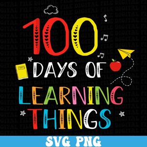 May include: A vibrant graphic on a black backdrop displays "100 Days of Learning Things." The numbers are red and yellow, adorned with heart details. Additional elements include a yellow notebook, a red apple, musical notes, a paper aeroplane, and stars.
