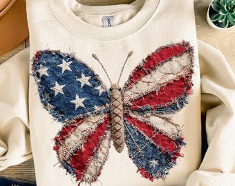 Mariposa de patchwork falsa PNG, camiseta del 4 de julio PNG, mariposa con bandera estadounidense PNG, diseño de mariposa de patchwork, descarga digital de la bandera de EE. UU.