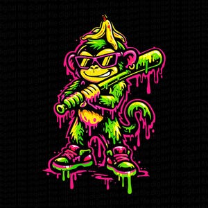 May include: A cartoon monkey illustration with sunglasses, a banana on its head, and a baseball bat. The monkey is green and pink with dripping paint effects. It wears pink and green sneakers. The background is black.