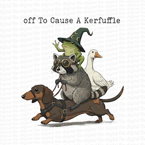 PNG de "A causar un alboroto", PNG de animal divertido, rana, mapache, ganso, perro salchicha, descarga digital de refrán sarcástico divertido