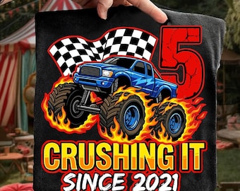 Födelsedagsmonstertruck 5-årig pojke png, 5-årsfest född 2021 png, digital nedladdning, 5-års födelsedagspojke-tröjadesign, födelsedag 5 år gammal png