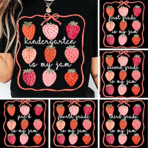 Kindergarten Is My Jam Bundle PNG, Strawberry Back to School Girls Boys Shirt Design, Coquette Teacher, Kinder Team First Day Of School Png