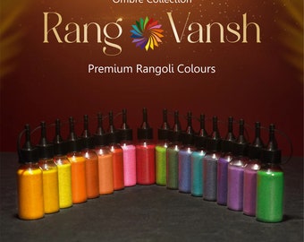 May include: A set of 18 small bottles filled with colorful glitter, labeled "Rang Vansh" and "Premium Rangoli Colours". The bottles are arranged in a rainbow gradient, with the colors transitioning from yellow to green to blue to purple. The bottles are labeled "18 Colors" and "Ombre Collection".