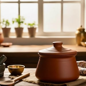 May include: A terracotta cooking pot with a matching lid sits on a hessian cloth. Nearby are a grey stone mortar and pestle, a small brass bowl, and a wooden spoon. The pot has a wide base and a smooth, matte finish, reflecting a warm, earthy tone.