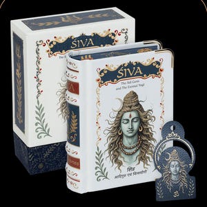 May include: A white book titled "SIVA" with gold accents and an illustration of a deity. The book is in a decorative box with matching design elements. A matching bookmark is also visible.