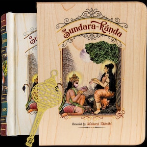 May include: A wooden book with a gold bookmark shaped like a lamp. The book cover features a colourful illustration of a monkey and a woman, with the title "Sundara-Kanda" and the text "Revealed by: Maharși Valmiki".