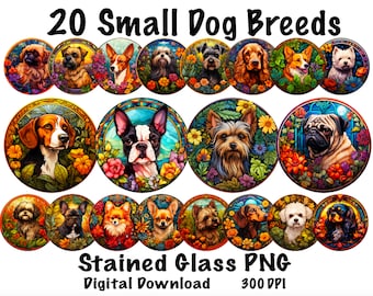 20 Small Dog Breeds Stained Glass PNG Digital Download, Dogs with Floral Bright Colors Stained Glass Files For Sublimation, Wind Spinner PNG