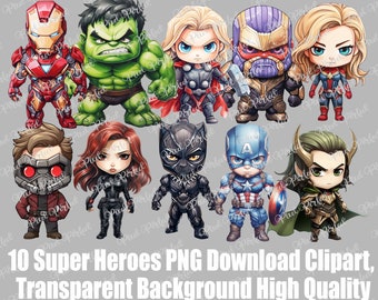 Può includere: Illustrazione di dieci supereroi in stile cartone animato, tra cui Iron Man, Hulk, Thor, Thanos, Captain Marvel, Star-Lord, Black Widow, Black Panther, Captain America e Loki. Il testo "10 Super Heroes PNG Download Clipart, Transparent Background High Quality" è incluso.