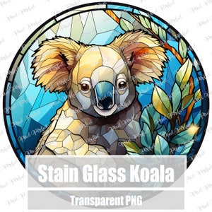 Puede incluir: Un koala de vidrio emplomado con hojas azules, verdes y amarillas. El koala está en un marco circular con un fondo azul. El texto "Stain Glass Koala" y "Transparent PNG" está debajo de la imagen.