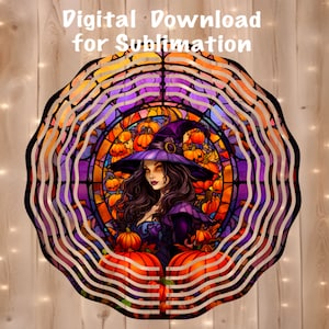 May include: A digital download for sublimation featuring a stained glass style illustration of a witch with long dark hair and a purple dress surrounded by pumpkins. The background is a circular pattern of orange, yellow, and purple.
