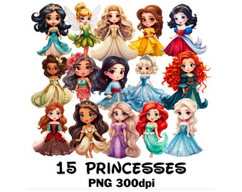 15 Cute Princess PNG Download Clipart, Transparent Background High Quality, Cute Digital Princesses for Stickers, Sublimation, Printing