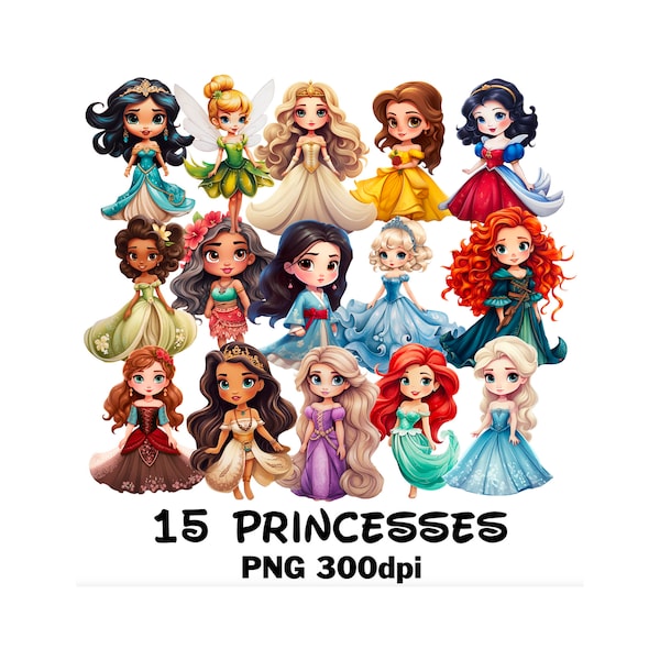 15 Cute Princess PNG Download Clipart, Transparent Background High Quality, Cute Digital Princesses for Stickers, Sublimation, Printing