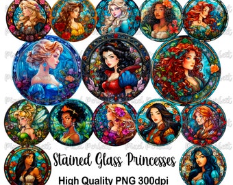 15 Stain Glass Princesses Collection Transparent Background PNG For Digital Download