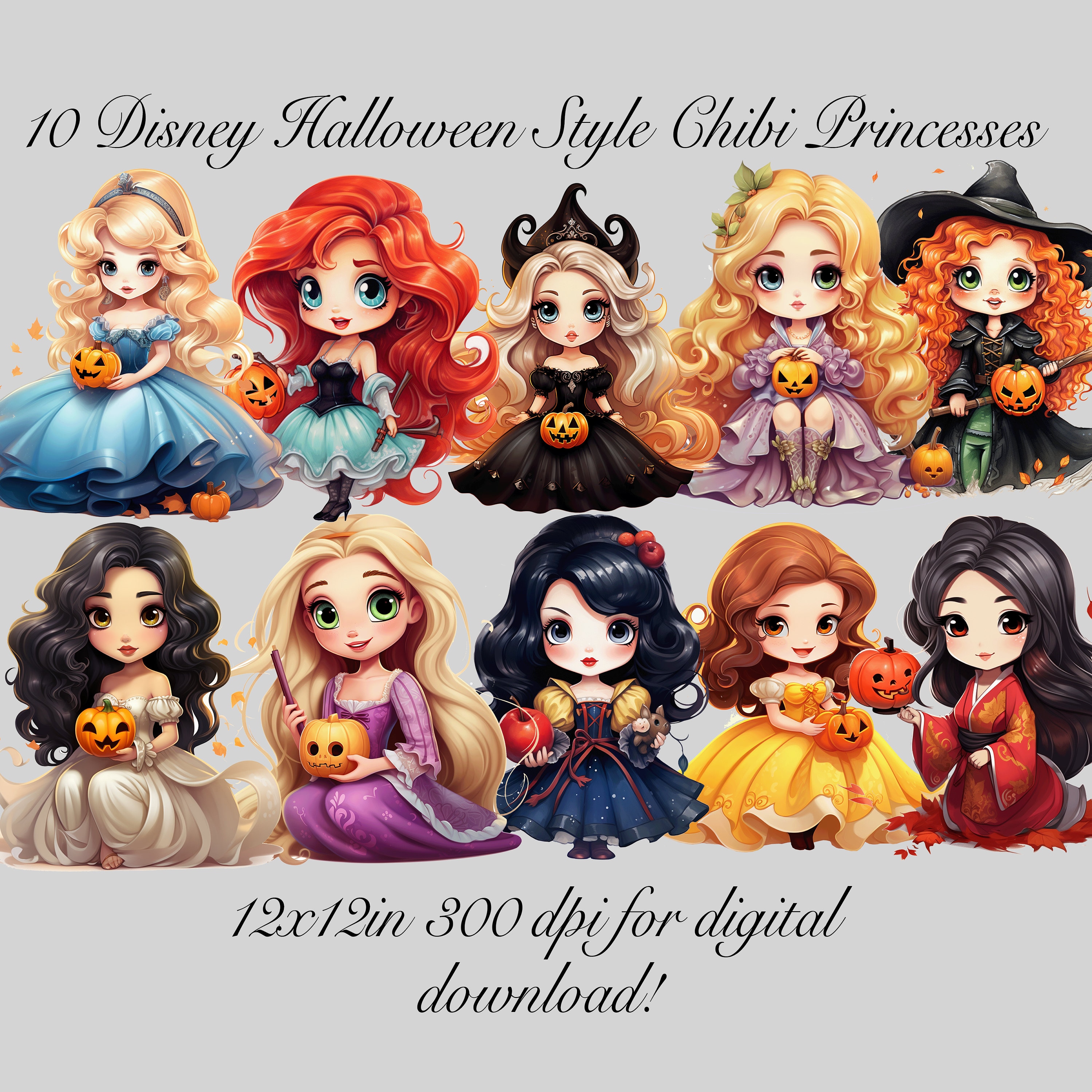 10 Cute Halloween Princesses Chibi Style PNG Download Clipart, Transparent Background Cute Digital Princesses for Stickers, Sublimation