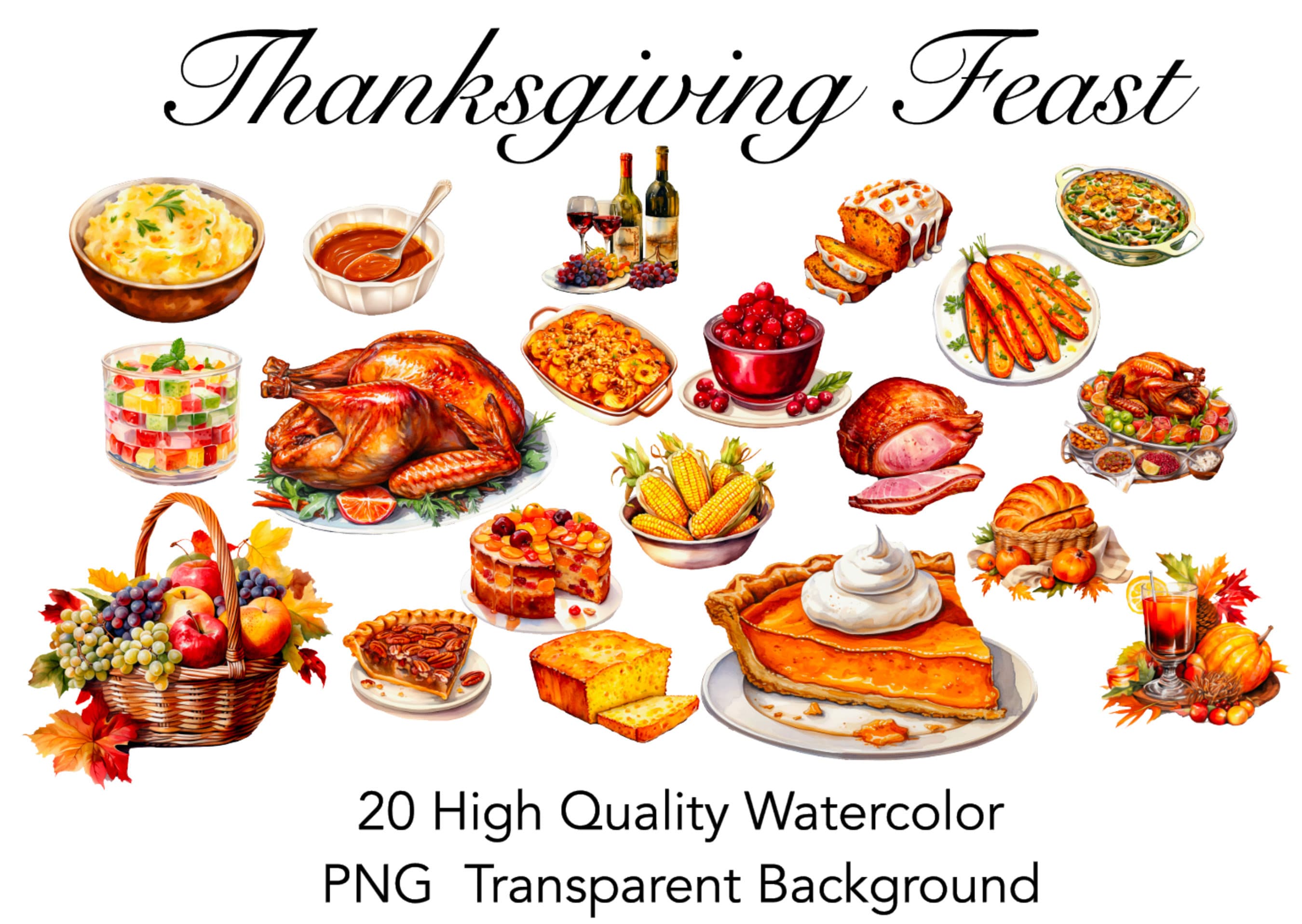 Thanksgiving Food Clipart PNG Transparent Background Digital Download