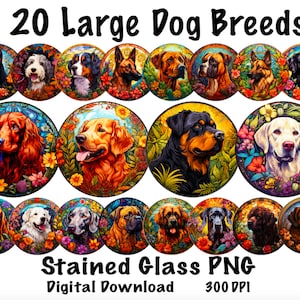 20 Large Dog Breeds Stained Glass PNG Digital Download, Dogs with Floral Bright Colors Stained Glass Files For Sublimation, Wind Spinner PNG