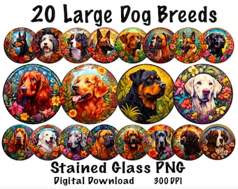 20 Large Dog Breeds Stained Glass PNG Digital Download, Dogs with Floral Bright Colors Stained Glass Files For Sublimation, Wind Spinner PNG