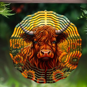 Highland Cow Sublimation Wind Spinner PNG Digital Download, Stained Glass Highland Sunflowers Design for Sublimate High Quality 300 dpi