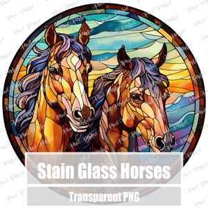 Puede incluir: Dos caballos de vidrio emplomado con detalles en morado, azul, naranja y amarillo. Los caballos se miran y tienen un fondo circular de vidrio emplomado.