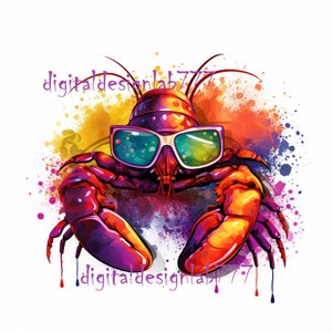 Puede incluir: Una ilustración colorida de una langosta con gafas de sol sobre un fondo de pintura salpicada. La langosta es roja, naranja, morada y amarilla. Las gafas de sol son verdes y azules. El fondo es una mezcla de amarillo, naranja, rojo, azul y morado.