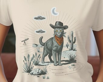 Vintage Cowboy Katze T-Shirt, UFO Western Kunst