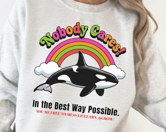 Camiseta "A nadie le importa la orca": divertida y sarcástica camiseta de ballena, gráfico retro del océano arcoíris, regalo de orca