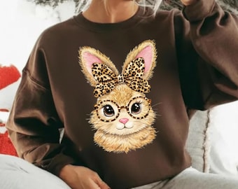 Retro Coquette Leopard Bunny Easter Graphic T-Shirt for Women - Girly Bunny Easter Gift, Cute Bunny Coquette Top