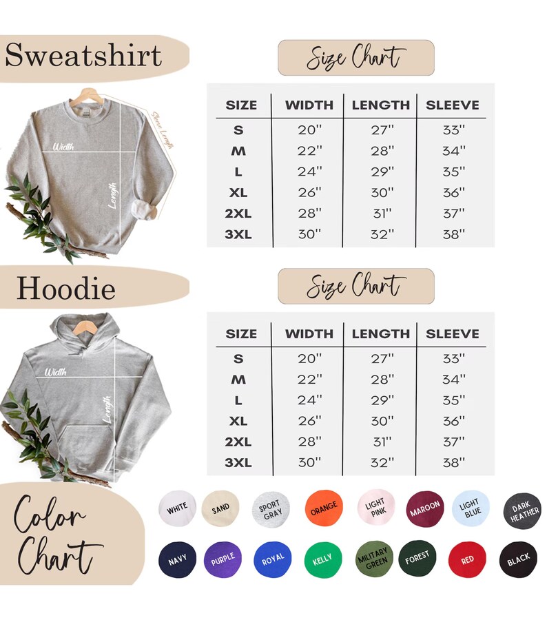 Puede incluir: Una sudadera y una sudadera con capucha de color gris claro con tablas de tallas y una carta de colores. La tabla de tallas muestra las medidas en cent&iacute;metros para el ancho, el largo y el largo de la manga. La carta de colores muestra varios colores, incluyendo blanco, naranja y azul marino.
