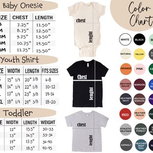 Puede incluir: Imagen que muestra una tabla de tallas para bodies de beb&eacute;, camisetas juveniles y camisetas para ni&ntilde;os peque&ntilde;os. Las medidas est&aacute;n en cent&iacute;metros. Tambi&eacute;n se incluye una carta de colores con varias opciones.