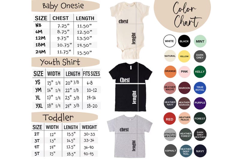 Puede incluir: Imagen que muestra una tabla de tallas para bodies de beb&eacute;, camisetas juveniles y camisetas para ni&ntilde;os peque&ntilde;os. Las medidas est&aacute;n en cent&iacute;metros. Tambi&eacute;n se incluye una carta de colores con varias opciones.