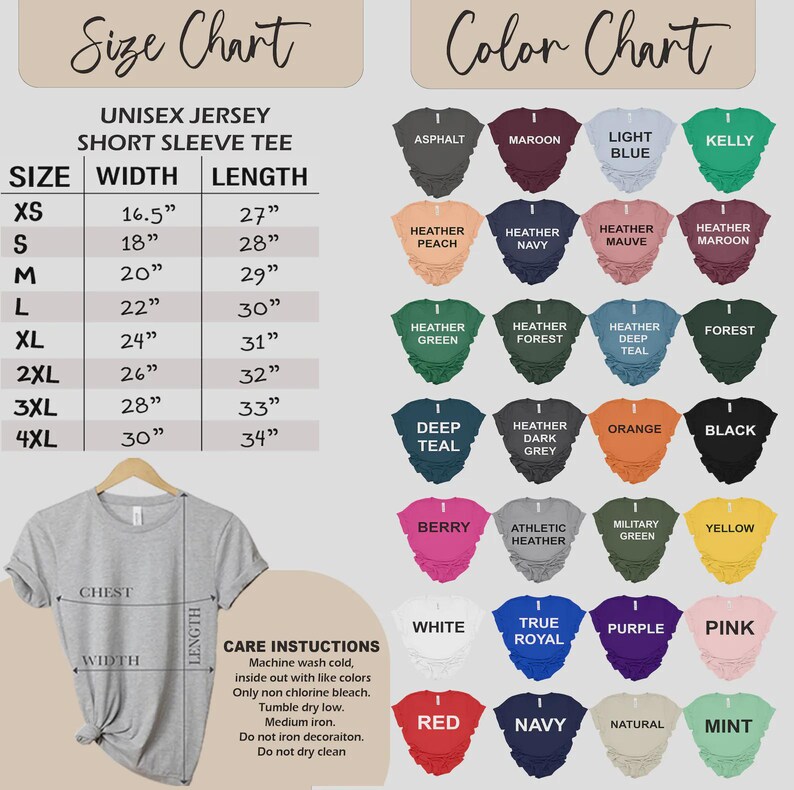 Puede incluir: Una tabla de tallas y colores para una camiseta unisex de manga corta de punto de jersey. La tabla de tallas enumera las tallas XS a 4XL con medidas de ancho y largo en pulgadas. La tabla de colores muestra varios colores de camisa.